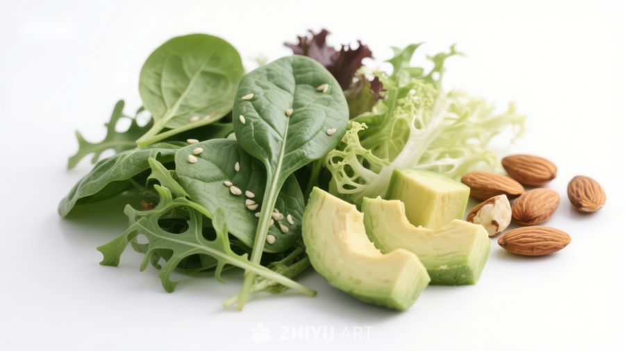 新鲜绿叶蔬菜与牛油果杏仁组合