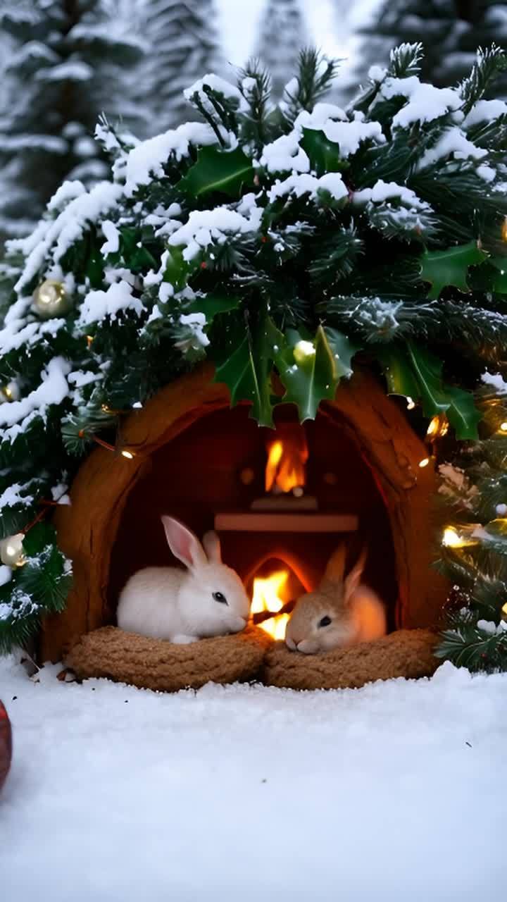 雪地里，两只兔子位于一个树洞状的窝内，窝内有燃烧的