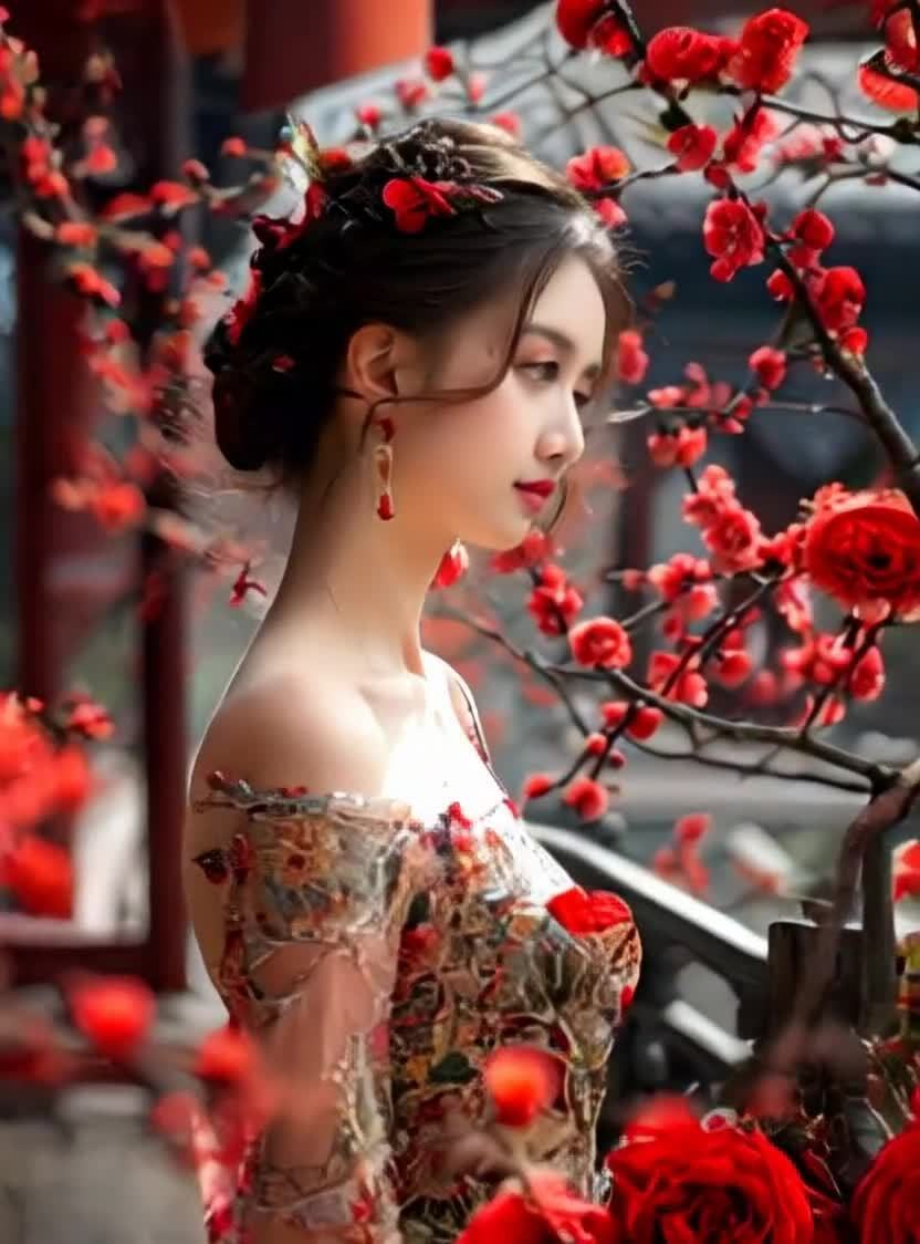 古典美人红衣红花映衬下的妩媚姿态