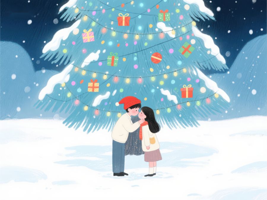 雪夜情侣在圣诞树下亲吻 895