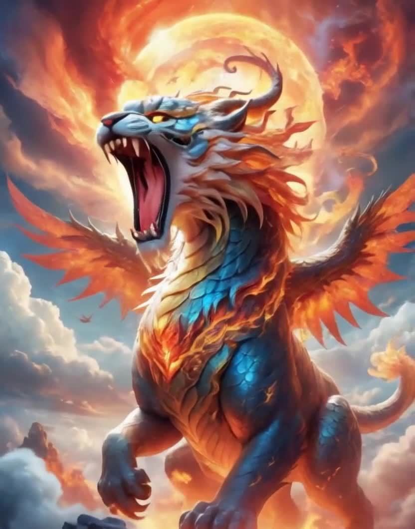 一只类似狮子和龙结合的生物，有着蓝色鳞片和金色的鬃