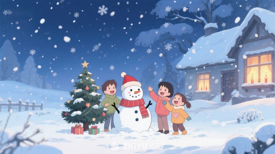 冬夜雪景中孩子们与雪人欢庆圣诞 122