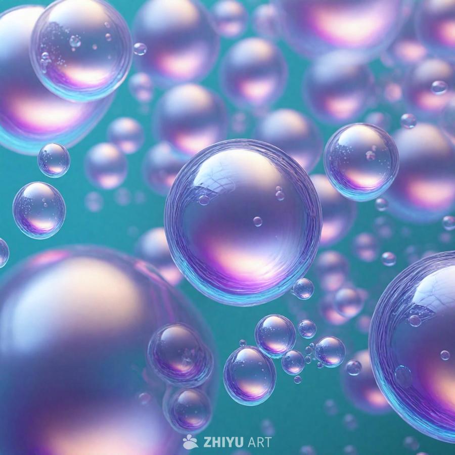 空中漂浮着许多3D玻璃气泡，大小不一，排列方式赏心