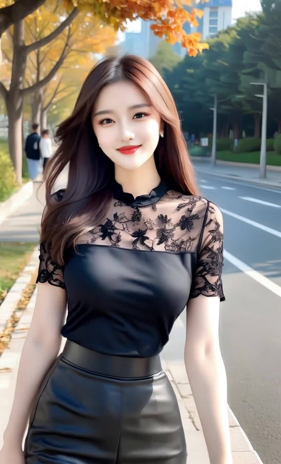 蕾丝黑衣皮裙女子街边人行道秋日漫步