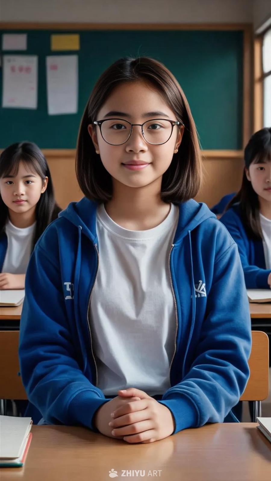 一个戴眼镜的女孩坐在大学教室的前排，穿着白色T恤和