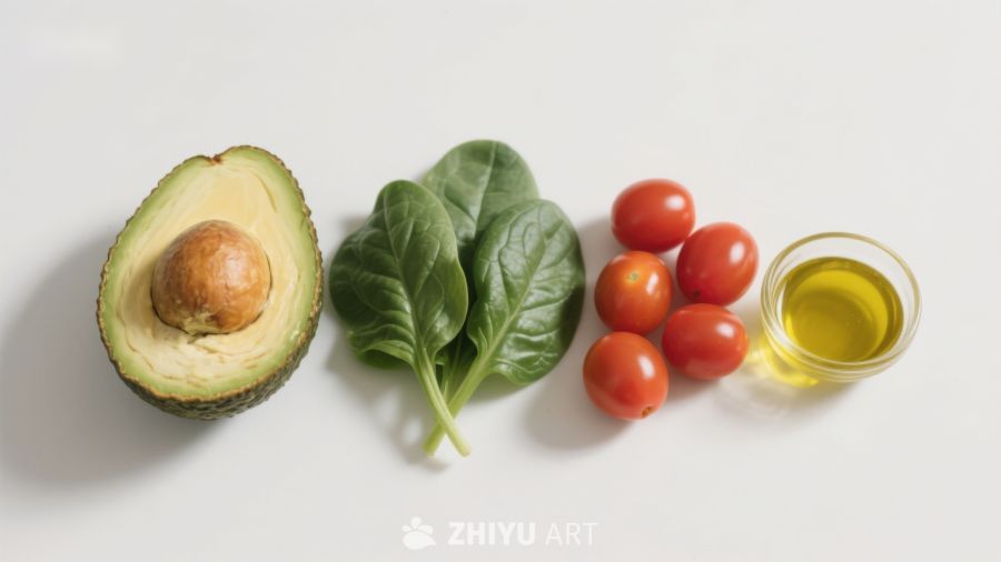 新鲜食材组合：牛油果、菠菜、樱桃番茄与橄榄油