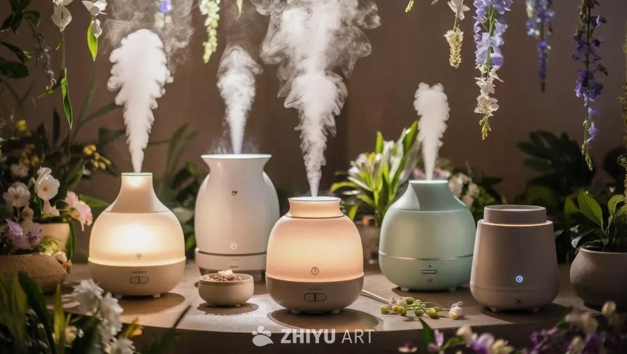 五个不同颜色的加湿器位于一张桌子上，每个加湿器顶部