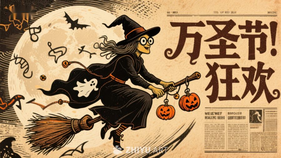 万圣节狂欢：女巫骑扫帚夜空飞行