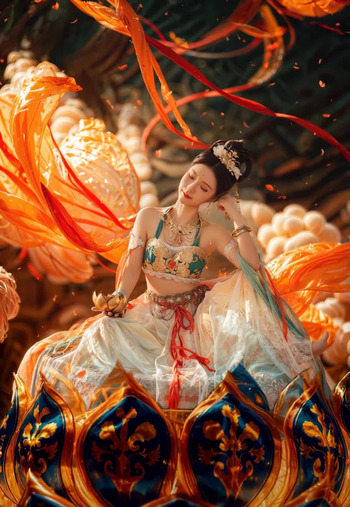 一位身穿华丽服饰的女性坐在一个巨大的蓝色和金色莲花
