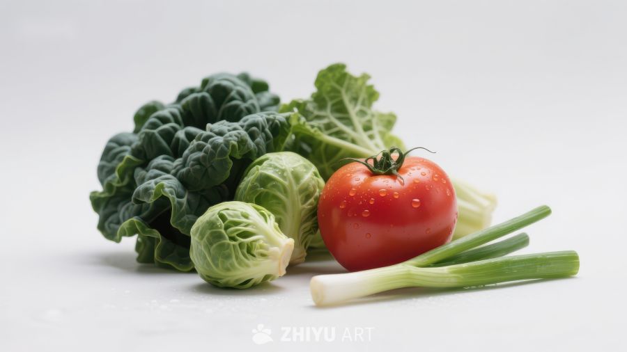 新鲜蔬菜组合：羽衣甘蓝、番茄和葱