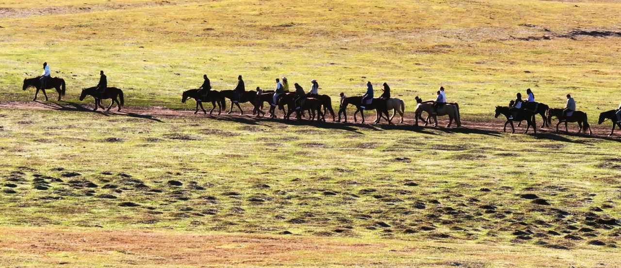 秋日草原骑马，阳光下悠然前行