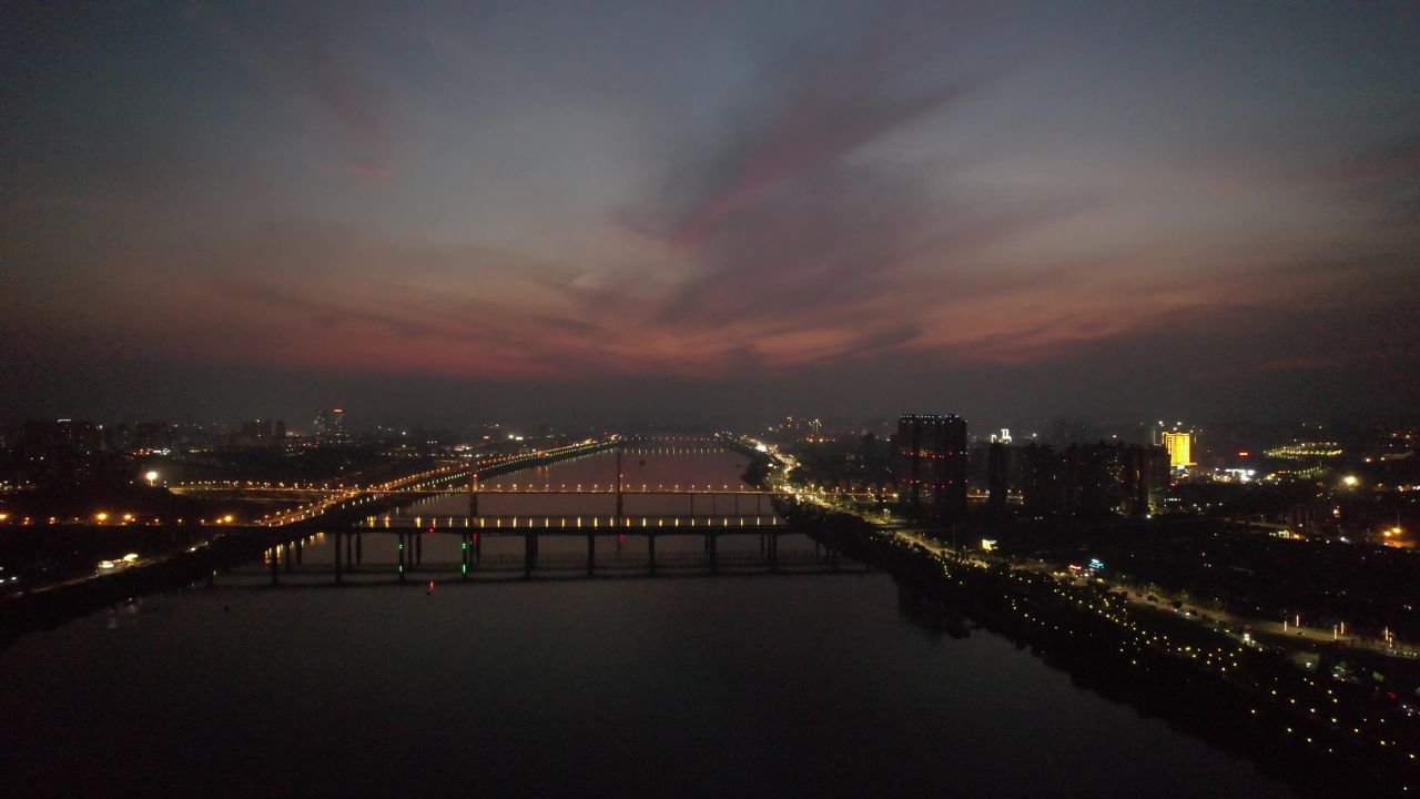 湖南湘潭日落晚霞夜景航拍