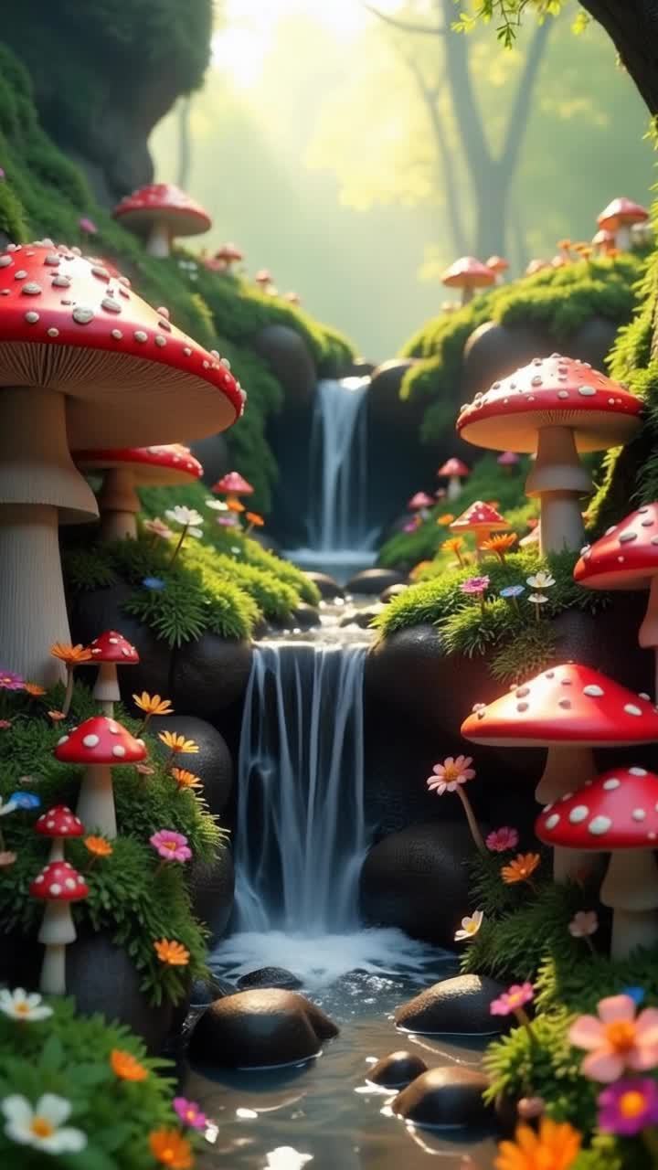 绿意盎然的风景中，一个瀑布倾泻而下，周围点缀着五颜