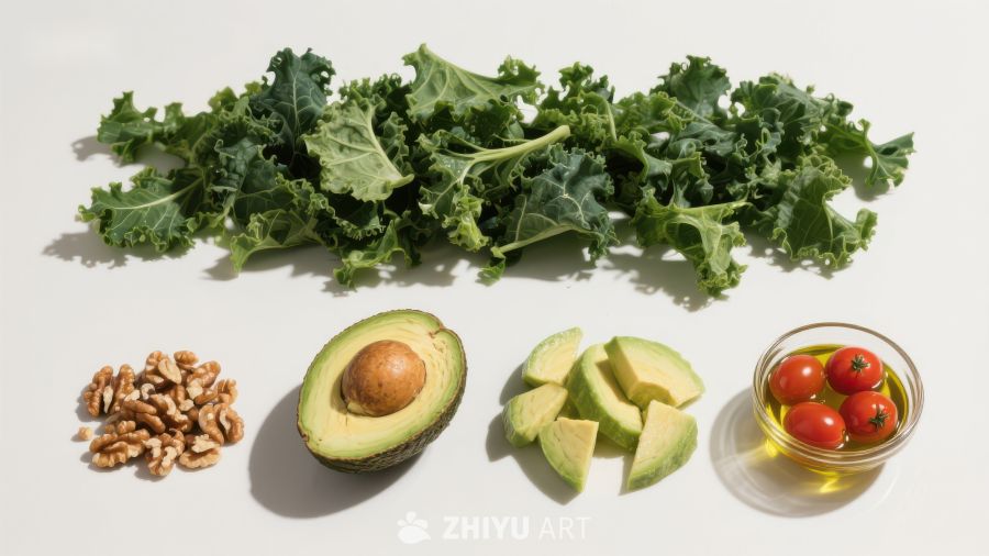 健康食材组合：羽衣甘蓝、牛油果、核桃与樱桃番茄