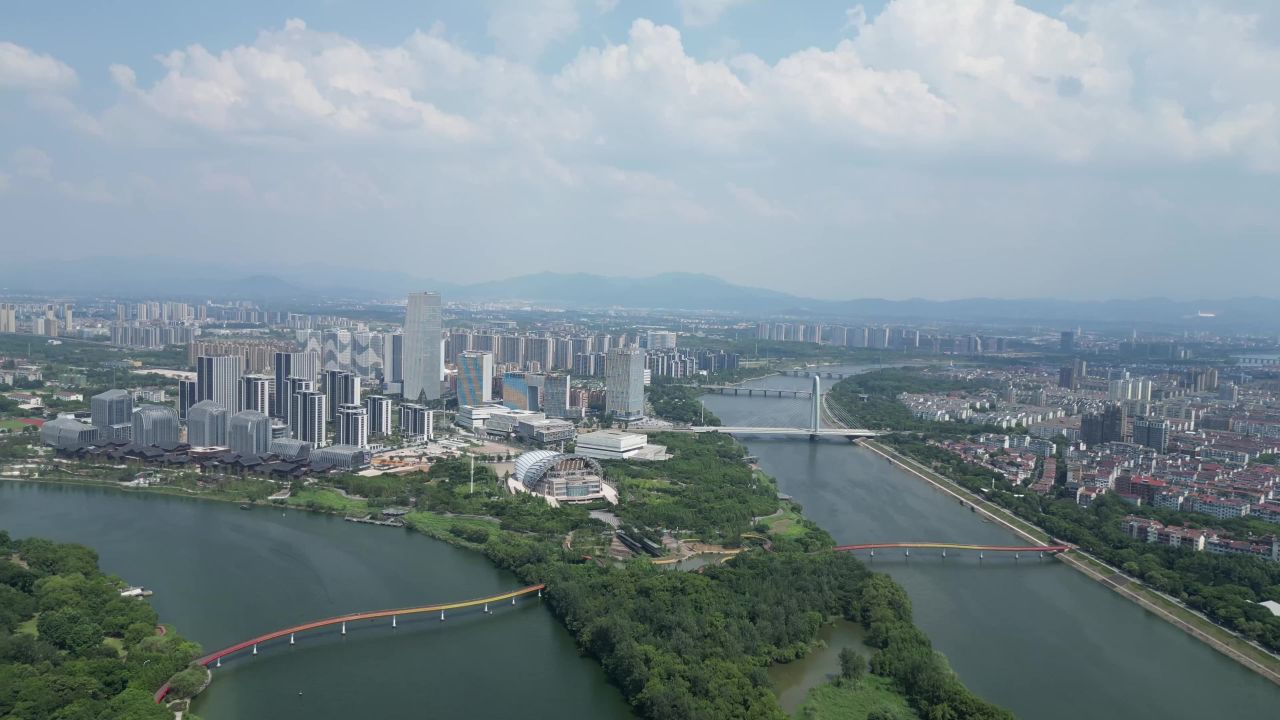 航拍金华江北金华燕尾洲公园