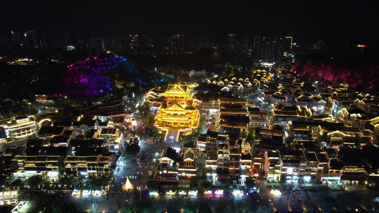 柳州窑埠古镇夜景灯光航拍 