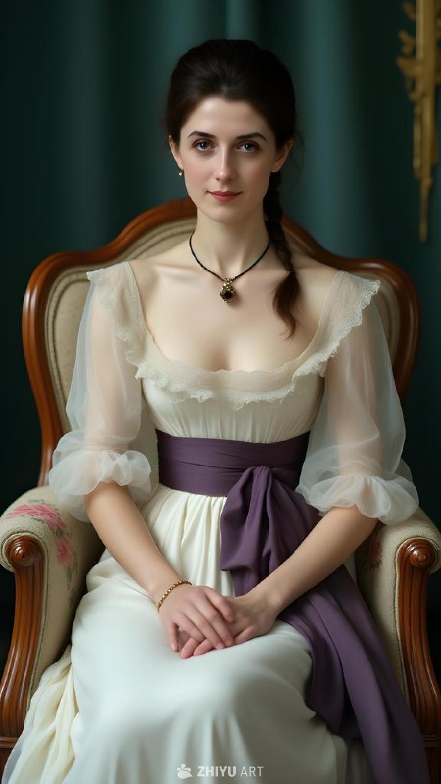 一位身着维多利亚风格礼服的女士坐在旧扶手椅上。女士