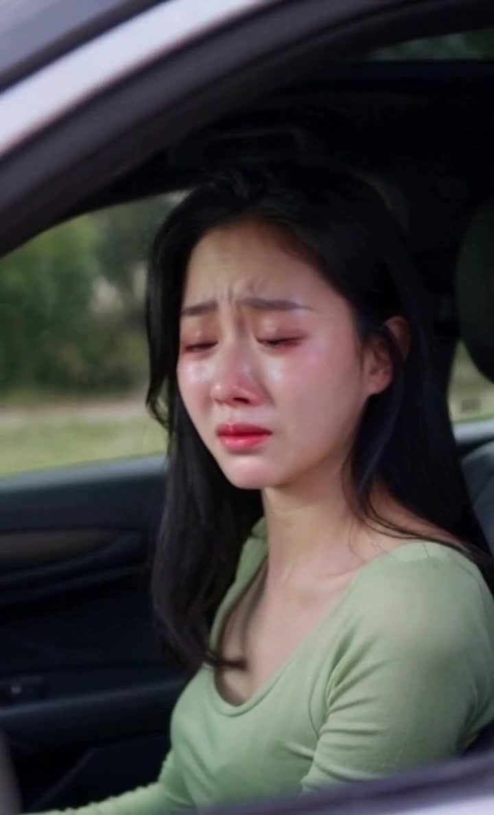 车内女子哭泣，红眼，面带痛苦表情。