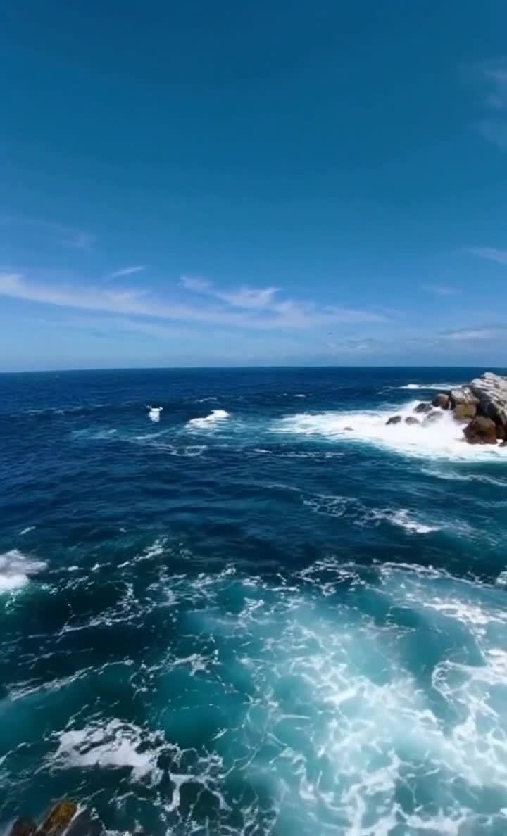 蓝色海浪拍打礁石，晴空海鸟飞翔
