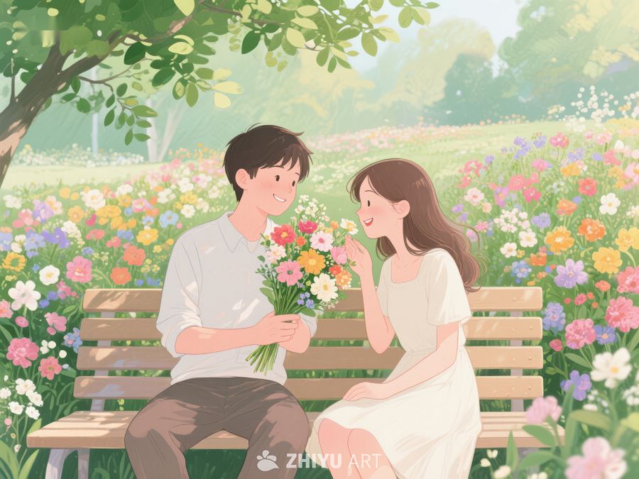 公园长椅上的情侣赏花 170