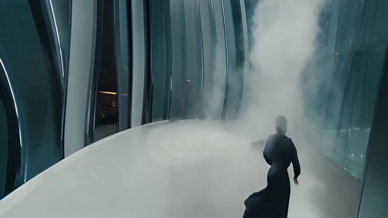 一个穿着黑色衣服的人在有弯曲墙壁和白色地板的区域中