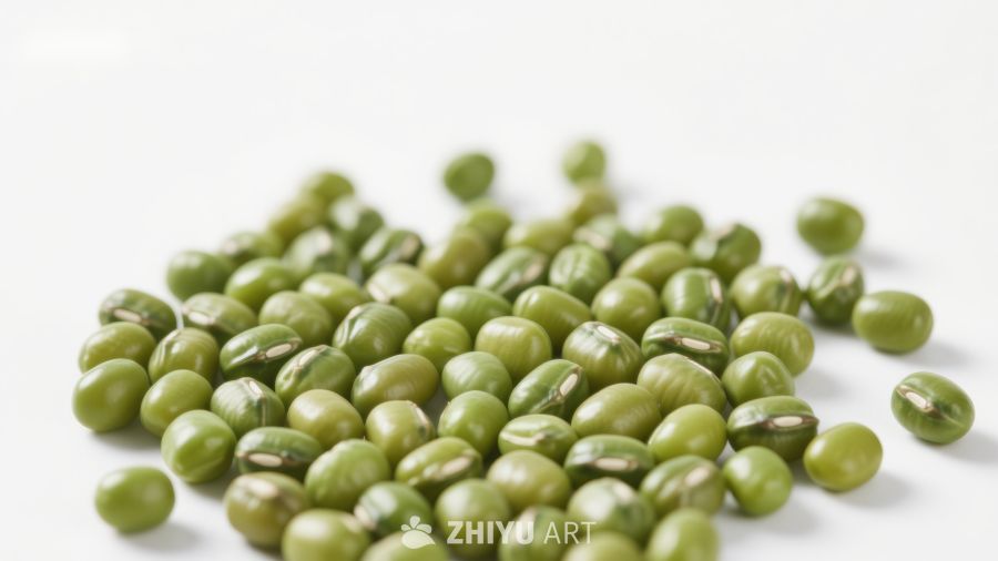 新鲜绿色豆子散落白底