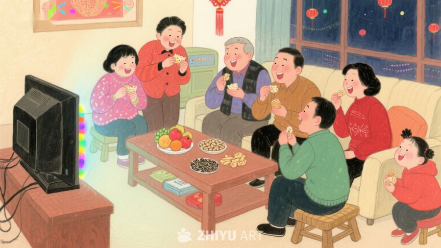 家庭围坐看电视，共享美食与欢笑 582