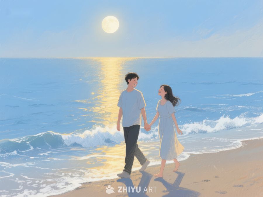 月光下海边漫步的情侣 1110
