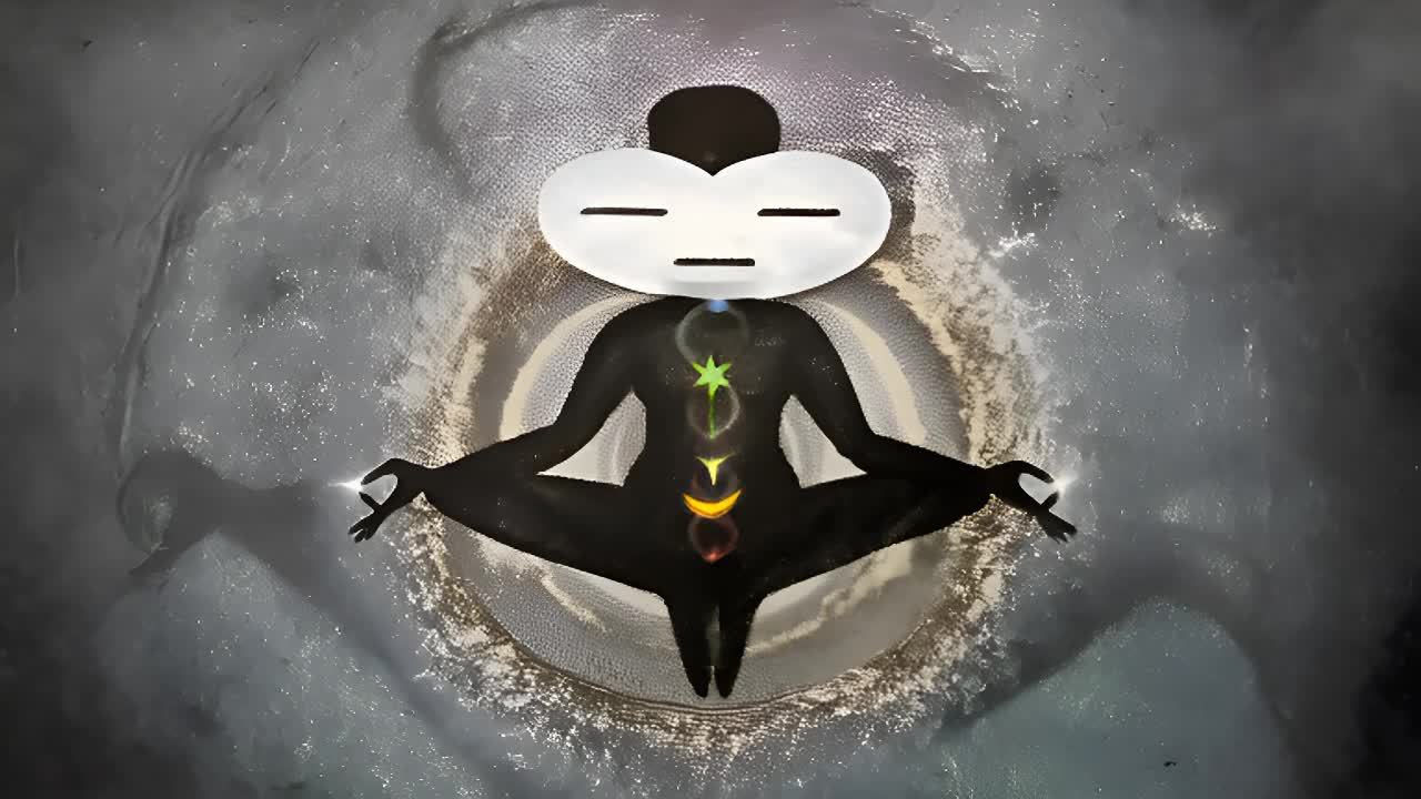 一个人形轮廓以莲花坐姿坐在灰色背景中，轮廓的眼睛是