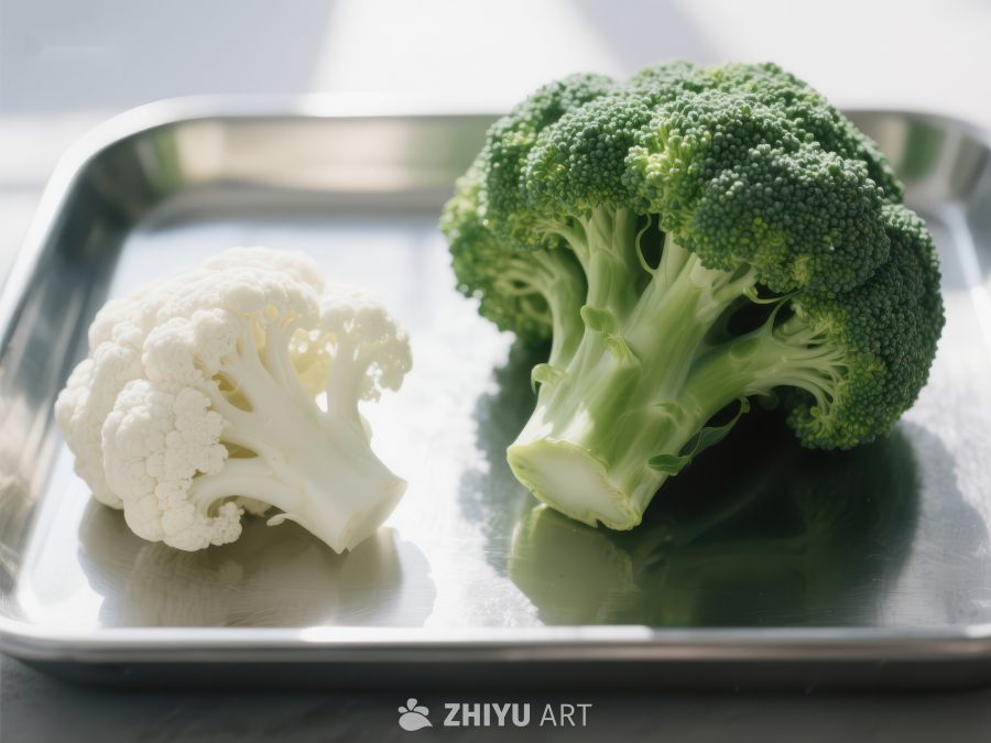 西兰花与花椰菜并置金属盘 401