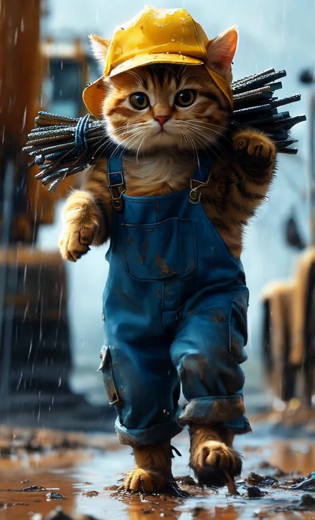雨中扛钢筋的猫建筑工