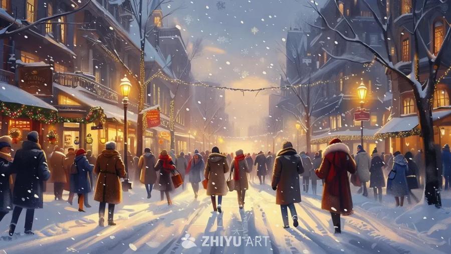 白雪覆盖的街道上聚集着熙熙攘攘的人群，他们呼出的气