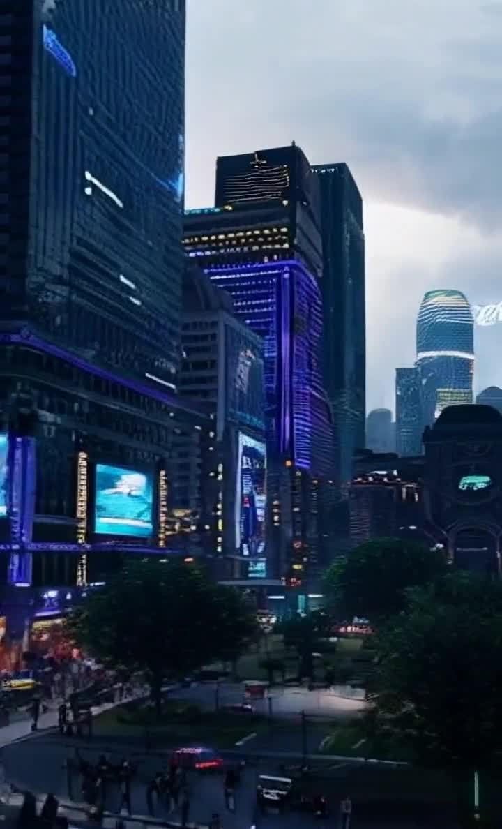 高楼林立，赛博朋克风格的重庆市区景象。建筑以深蓝色