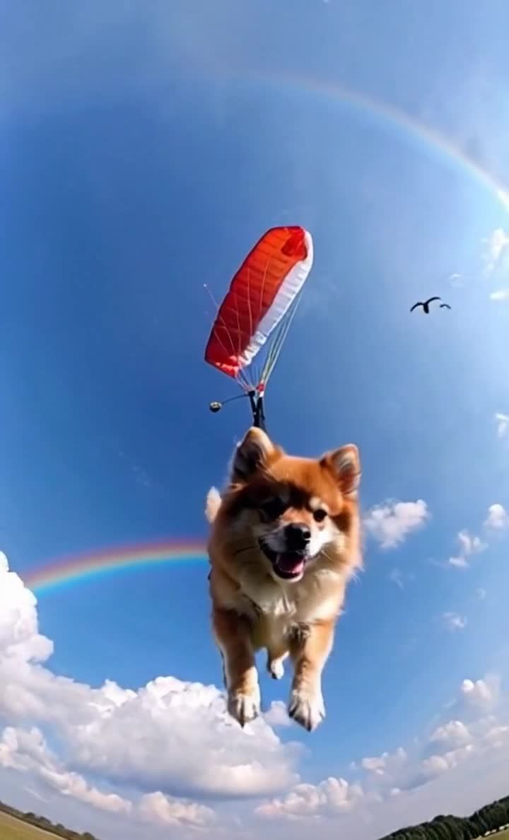 一只毛绒绒的博美犬挂在降落伞下。天空中飞翔着小鸟，