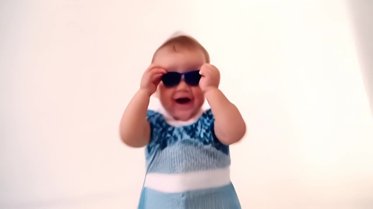 一个幼儿穿着时尚的服装，戴着太阳镜，在白色的背景前