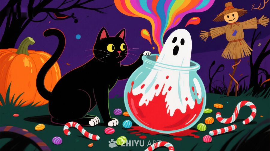 万圣节夜景：黑猫与糖果罐中的幽灵