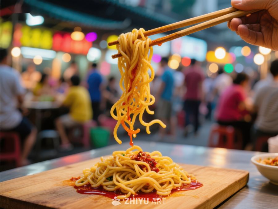 夜市美食：筷子夹起热辣面条 1749
