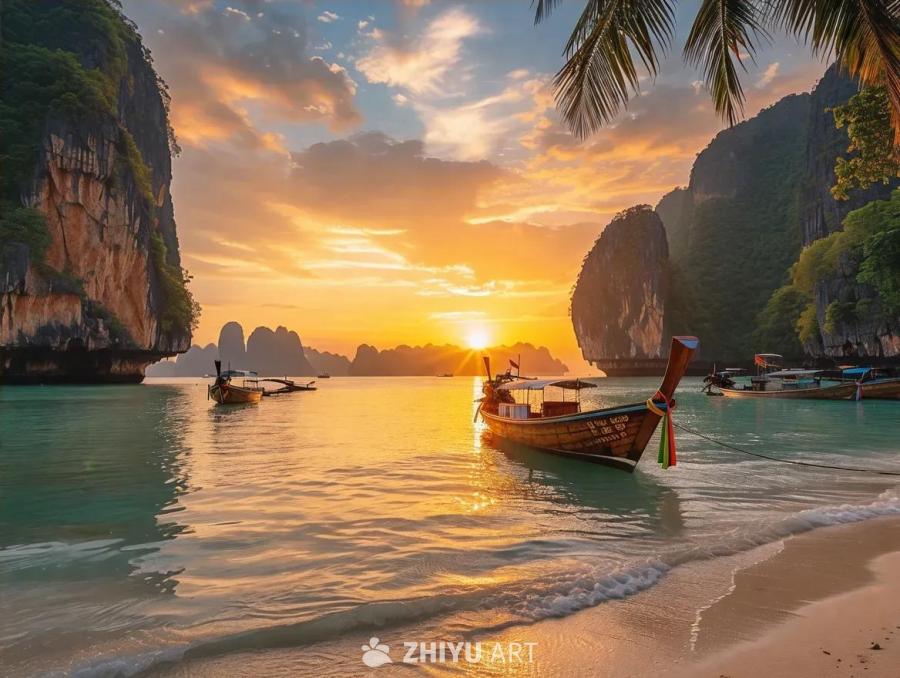 泰国莱利海滩的日落景象，橘色的天空被金色的阳光照亮