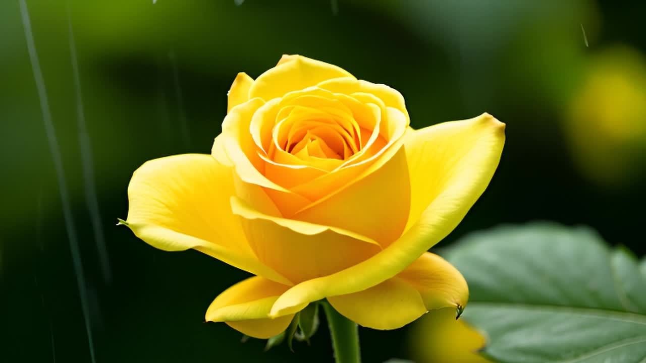 一朵黄色的玫瑰花在雨中绽放，背景模糊，可以看到绿色
