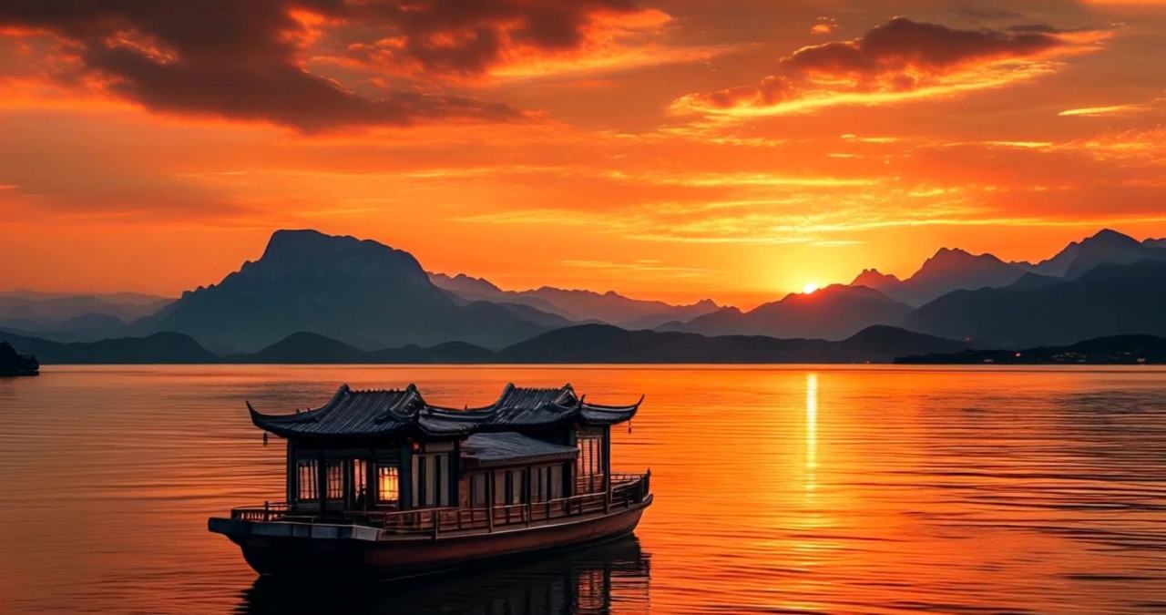 夕阳下古典画舫，山水之间，光影潋滟。