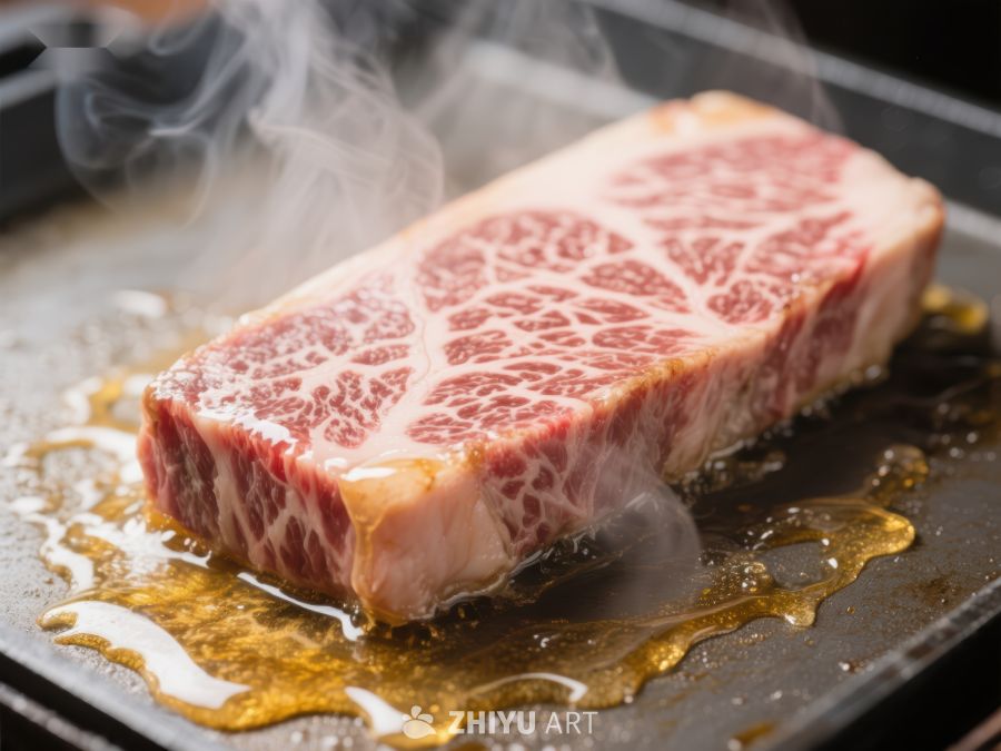 煎烤中的大理石纹牛肉