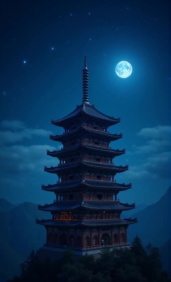 夜空中，一轮明月高悬，周围点缀着零星的星星。一座多