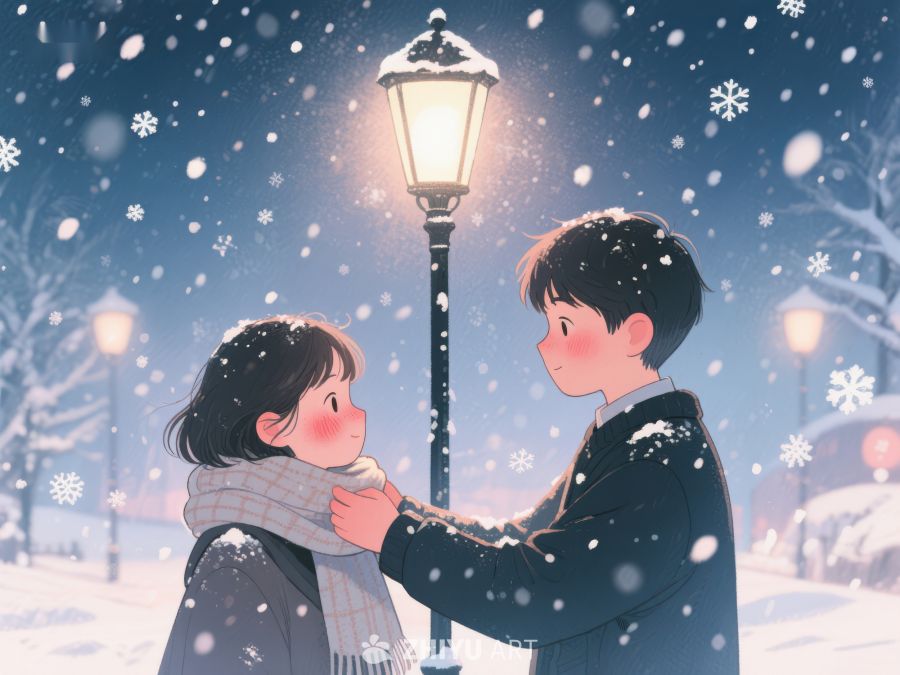 冬夜街头，男孩为女孩整理围巾 114