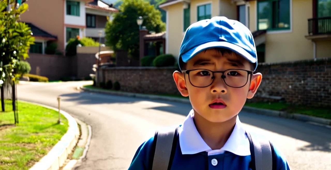 一名身穿蓝白相间中国校服的男孩站在居民小区楼下的道