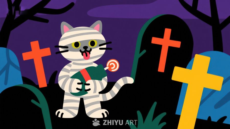 万圣节猫咪装扮木乃伊手持糖果