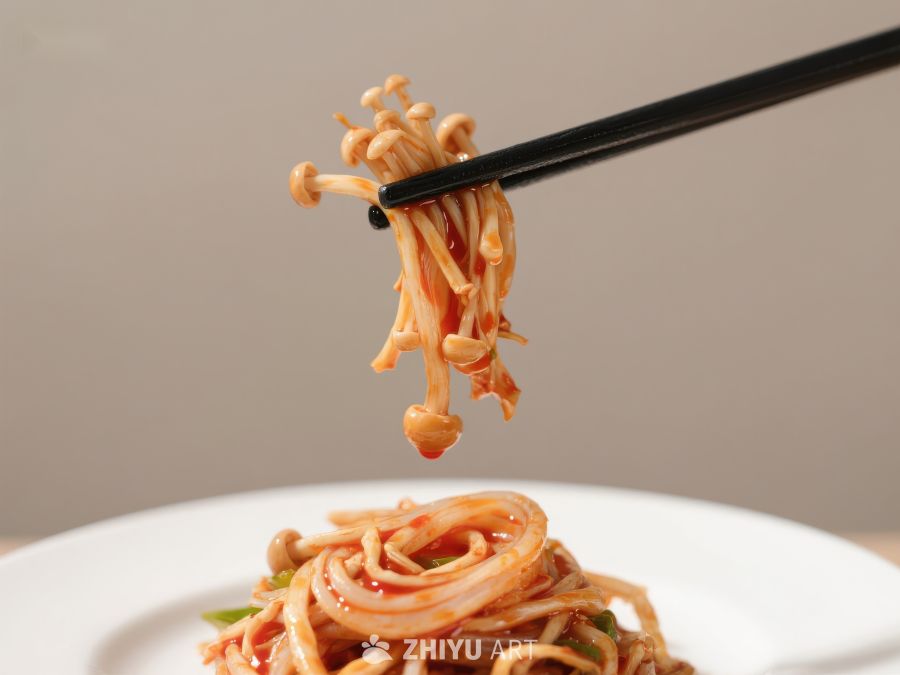 筷子夹起金针菇，搭配美味炒面 676