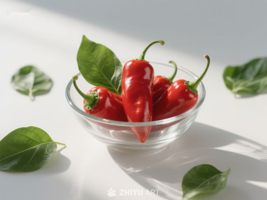 透明碗中的红辣椒与绿叶 355