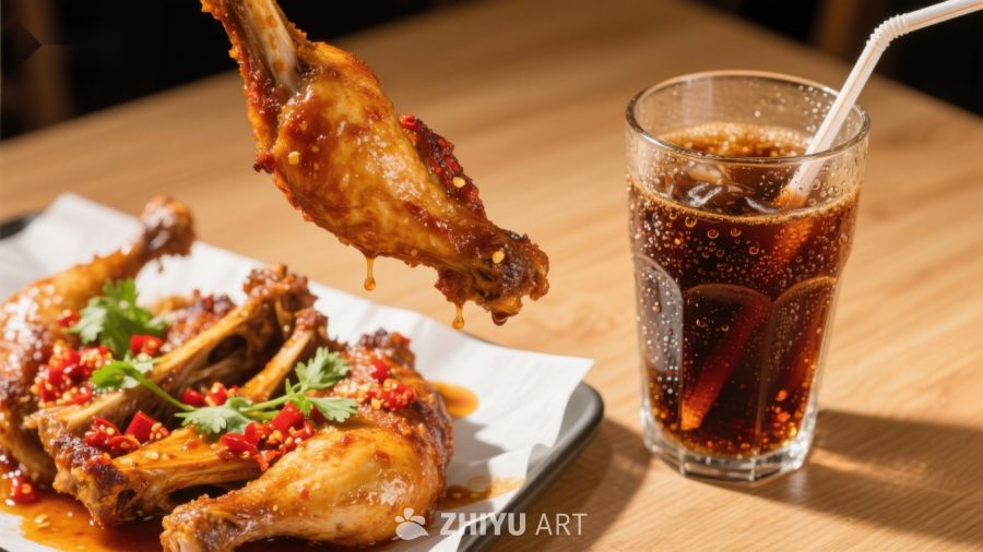 香辣鸡翅配冰镇饮料