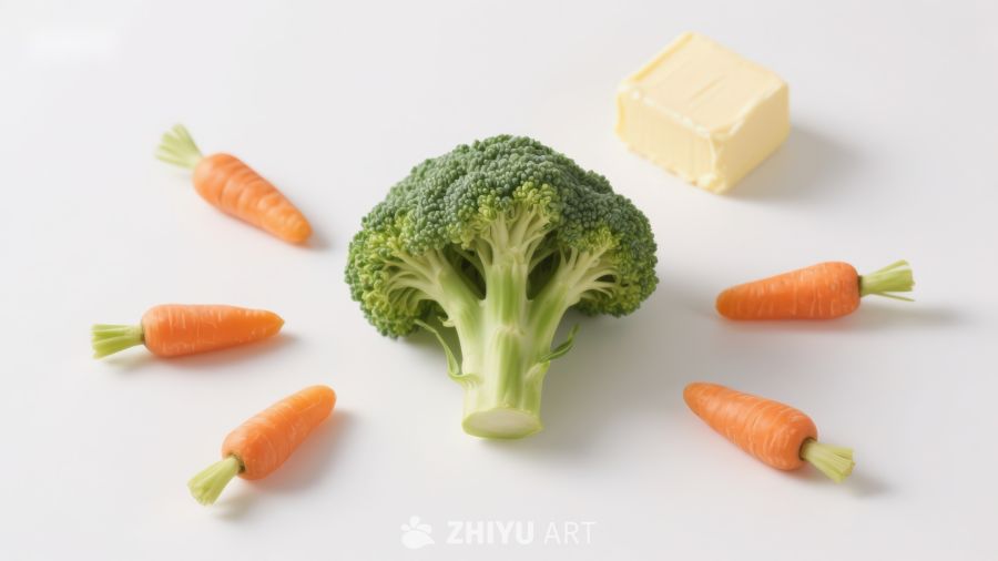 西兰花胡萝卜与黄油摆盘