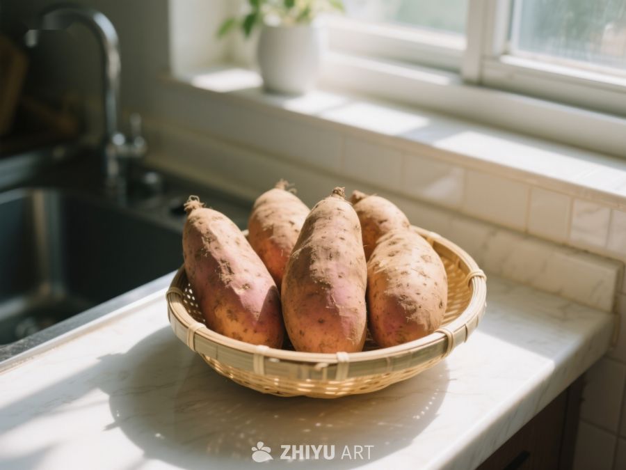 窗边厨房台面上的红薯篮 133